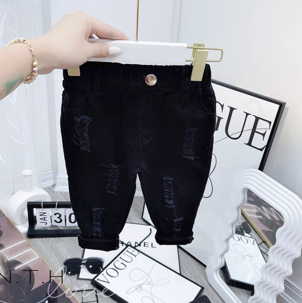 Quần kaki bé trai lưng thun co giãn phối áo dài sơ mi áo thun 2 màu trắng đen rách MamLa