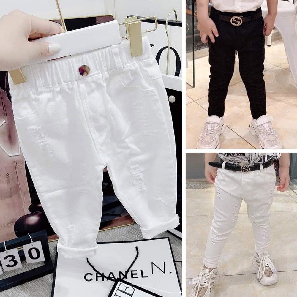 Quần kaki bé trai lưng thun co giãn phối áo dài sơ mi áo thun 2 màu trắng đen rách MamLa
