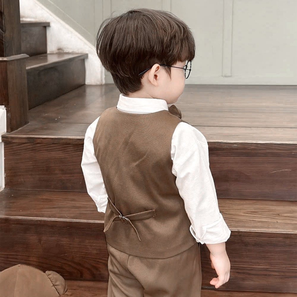 Set Gile bé trai 4 chi kết hợp sơ mi trắng nơ cổ công tử vải chéo Hàn mềm màu nâu hàng thiết kế MamLa LB205