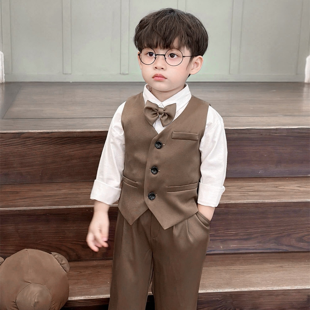 Set Gile bé trai 4 chi kết hợp sơ mi trắng nơ cổ công tử vải chéo Hàn mềm màu nâu hàng thiết kế MamLa LB205