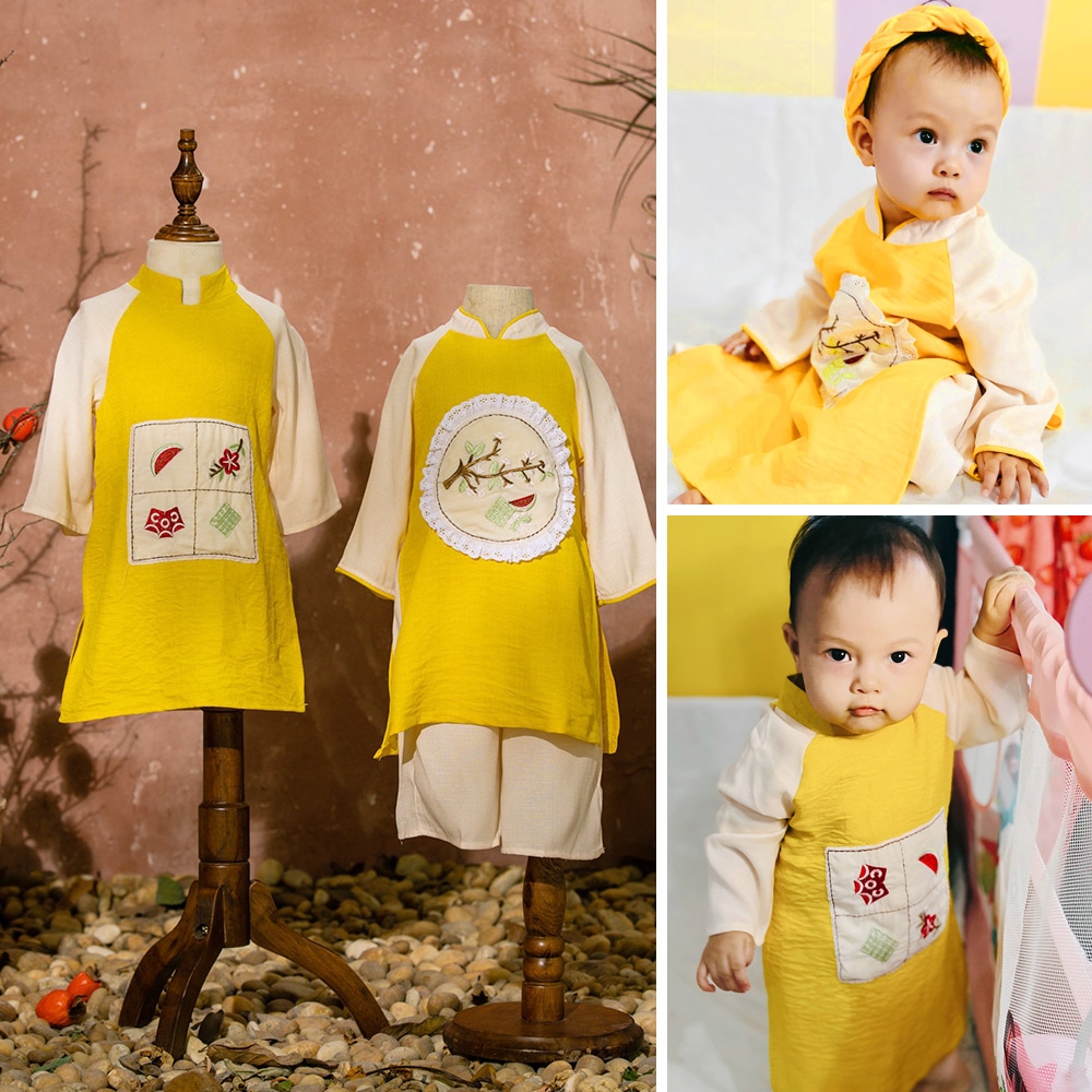 Áo dài Vàng bé trai bé gái thêu Tết chất đũi phối lụa vân mây mềm mát thấm hút tốt MamLa