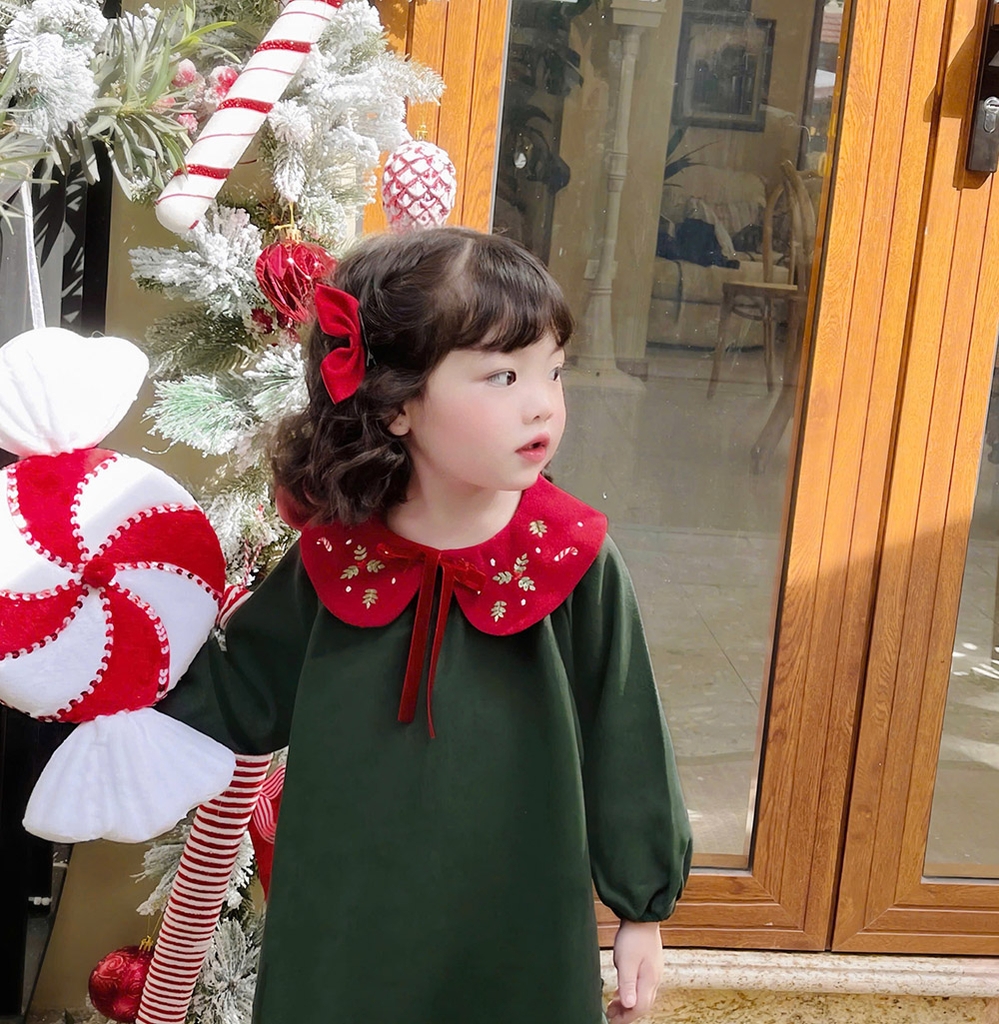 Váy Noel bé gái cổ sen vải nhung tăm mềm mướt tay dài bo nhún dễ thương MamLa BM201