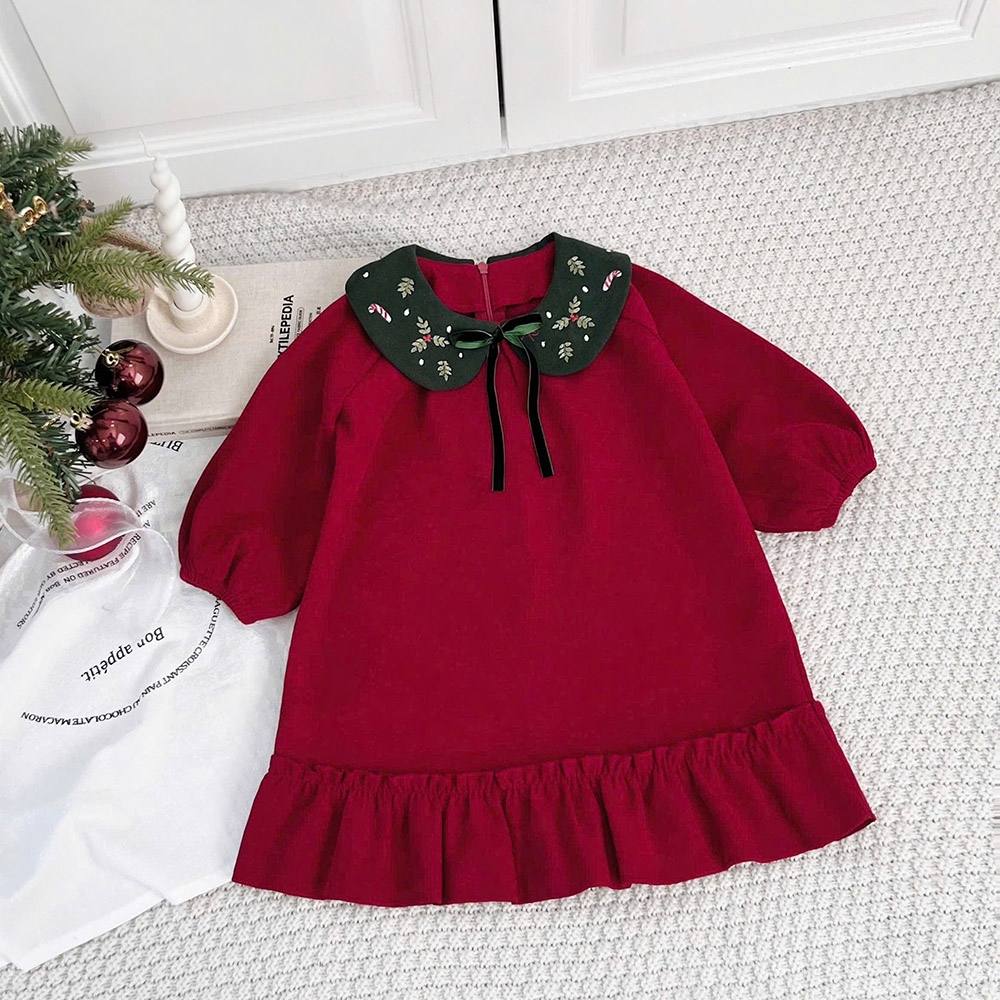 Váy Noel bé gái cổ sen vải nhung tăm mềm mướt tay dài bo nhún dễ thương MamLa BM201