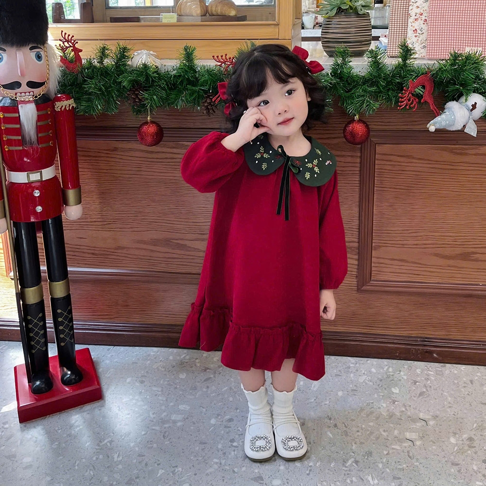 Váy Noel bé gái cổ sen vải nhung tăm mềm mướt tay dài bo nhún dễ thương MamLa BM201