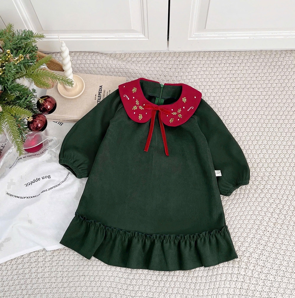Váy Noel bé gái cổ sen vải nhung tăm mềm mướt tay dài bo nhún dễ thương MamLa BM201