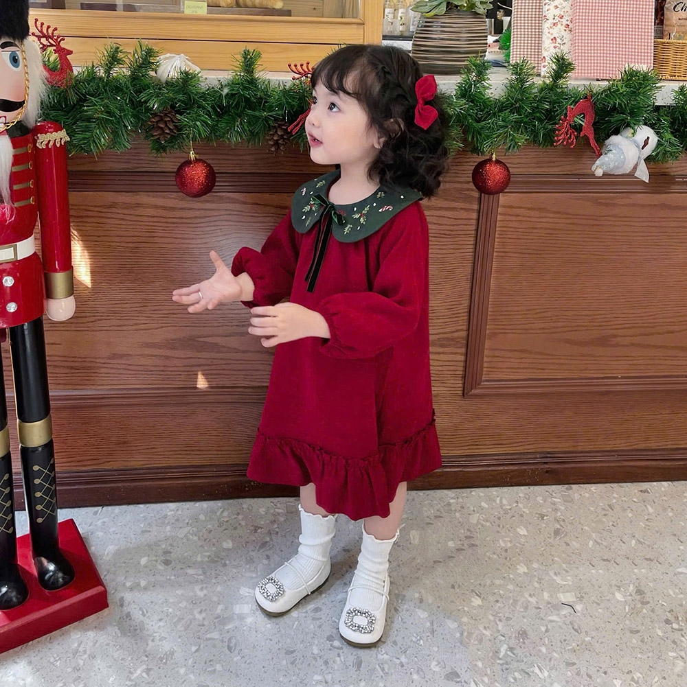 Váy Noel bé gái cổ sen vải nhung tăm mềm mướt tay dài bo nhún dễ thương MamLa BM201