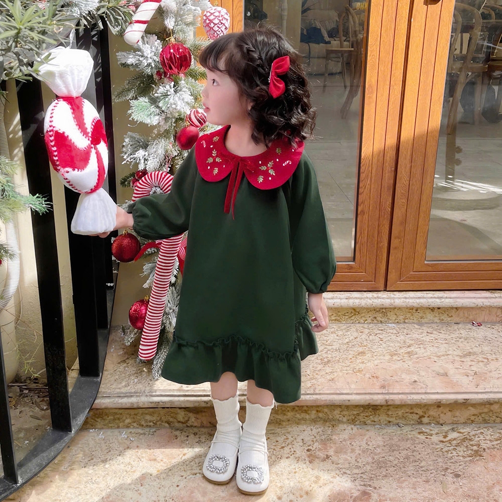 Váy Noel bé gái cổ sen vải nhung tăm mềm mướt tay dài bo nhún dễ thương MamLa BM201