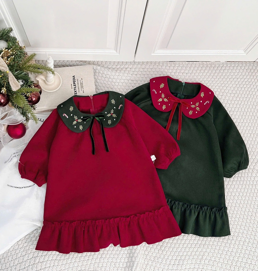 Váy Noel bé gái cổ sen vải nhung tăm mềm mướt tay dài bo nhún dễ thương MamLa BM201