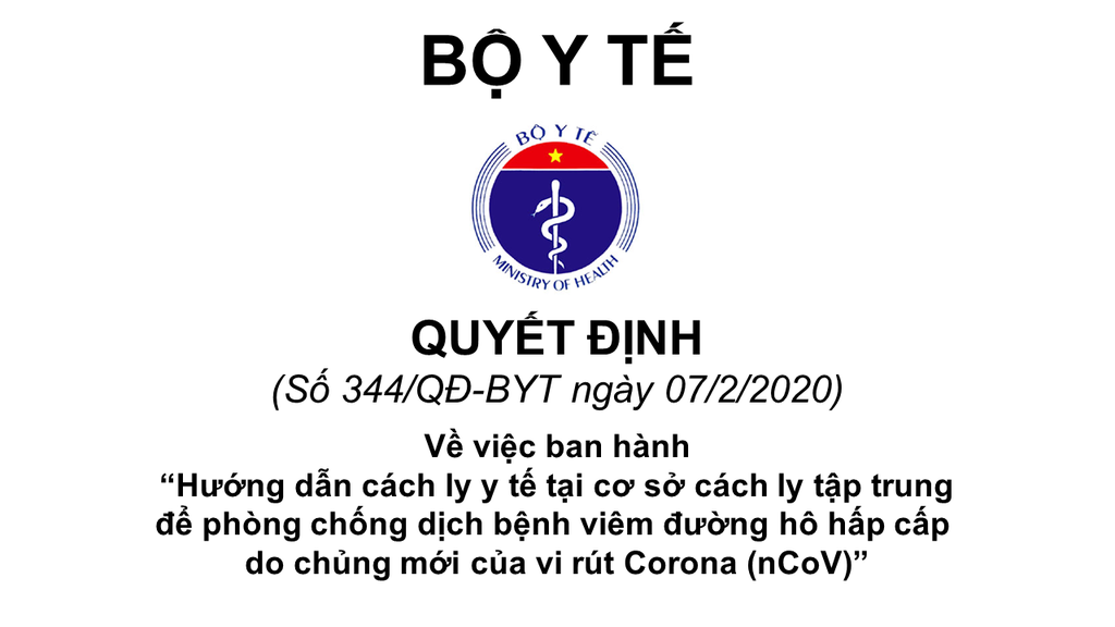 Quyết định 344/QĐ-BYT ngày 07/02/2020 của BYT về hướng dẫn cách ly y tế tại cơ sở y tế tập trung để phòng chống dịch bệnh do chủng mới của vi rút corona gây ra