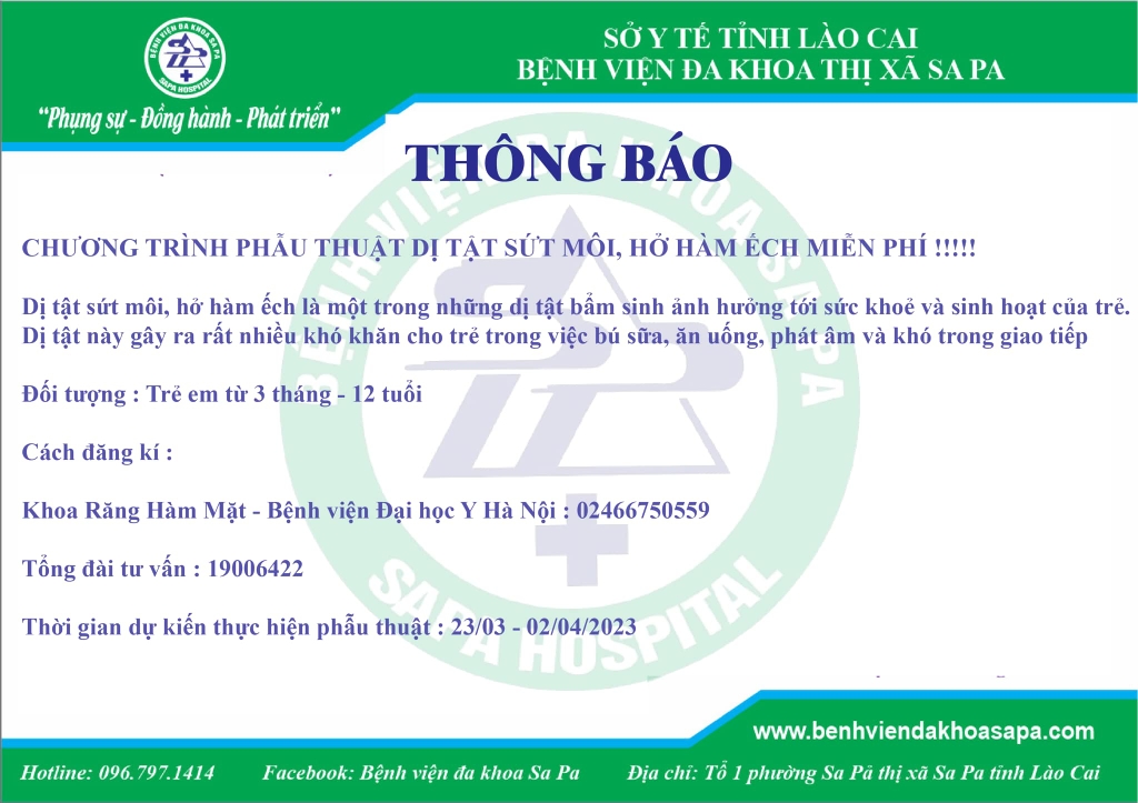 CHƯƠNG TRÌNH PHẪU THUẬT DỊ TẬT SỨT MÔI, HỞ HÀM ẾCH MIỄN PHÍ !!!!!