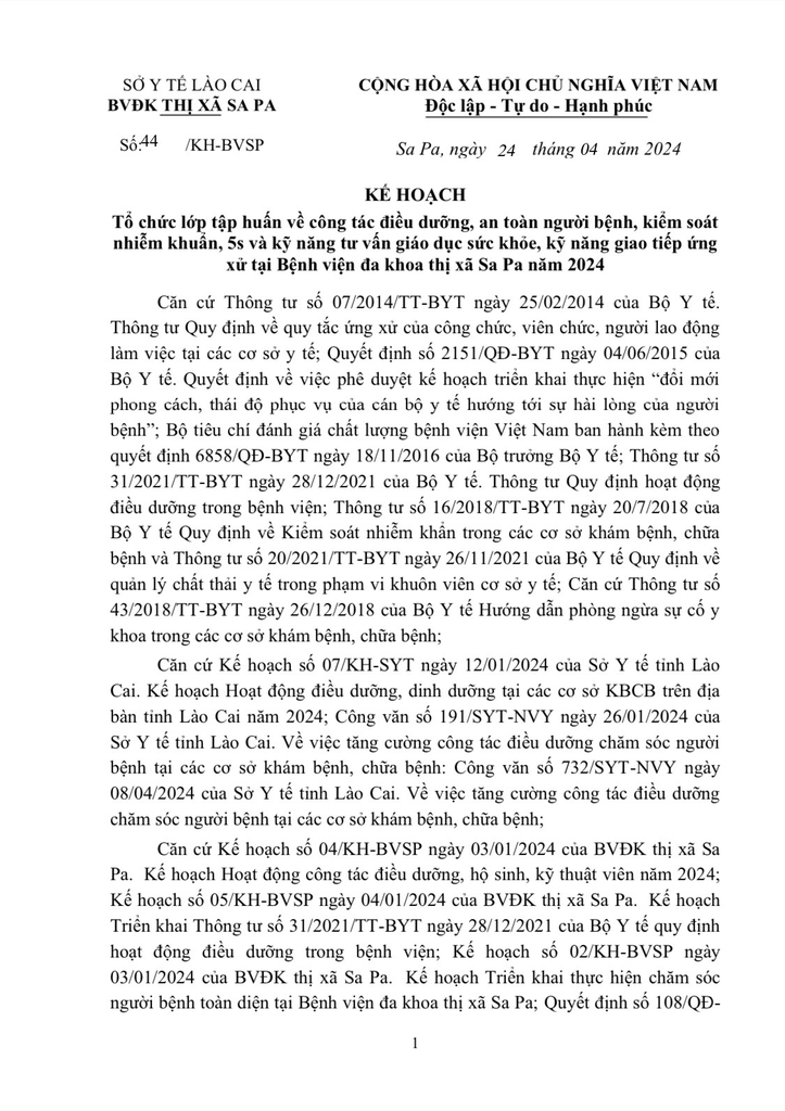 Kế hoạch Tổ chức lớp tập huấn về công tác điều dưỡng, an toàn người bệnh, kiểm soát nhiễm khuẩn, 5s và kỹ năng tư vấn giáo dục sức khỏe , kỹ năng giao tiếp ứng xử tại Bệnh viện Đa khoa Thị xã Sa Pa năm 2024