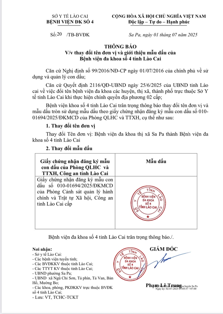 THÔNG BÁO thay đổi tên đơn vị và giới thiệu mẫu dấu của Bệnh viện đa khoa số 4 tỉnh Lào Cai
