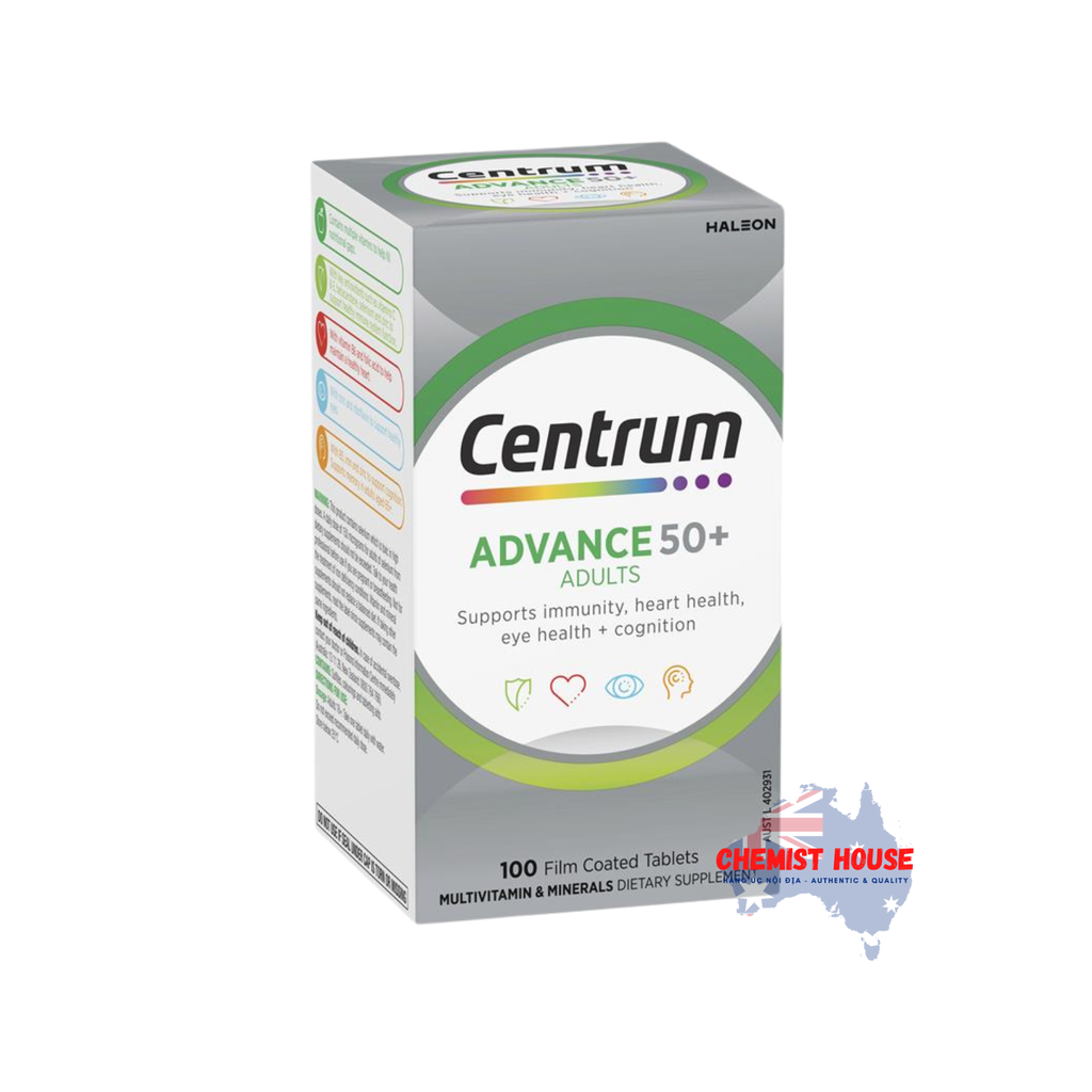 SẢN PHẨM CENTRUM ADVANCE 50+ VỚI VIÊN UỐNG VÀ CHỮ ADVANCED TRÊN BAO BÌ