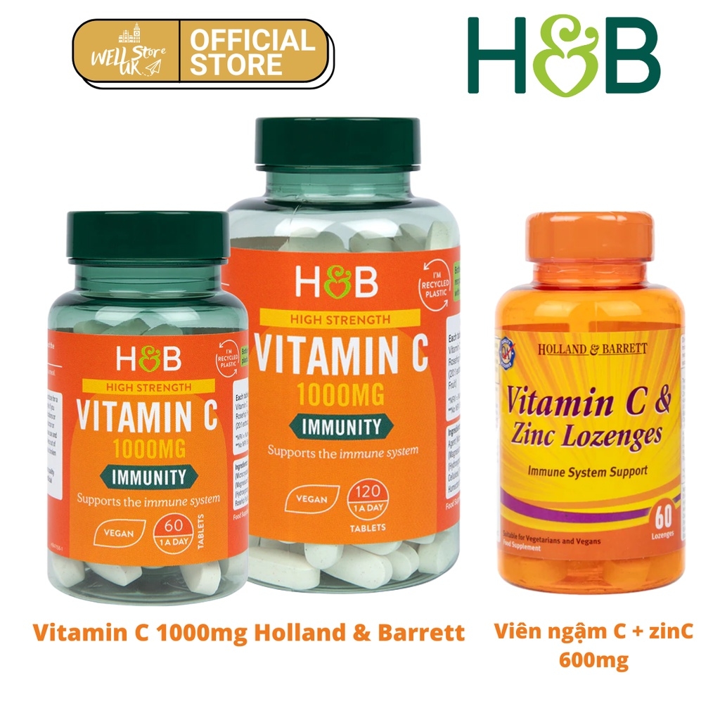 60 Viên uống tăng sức đề kháng Holland and Barrett Vitamin C & Zinc