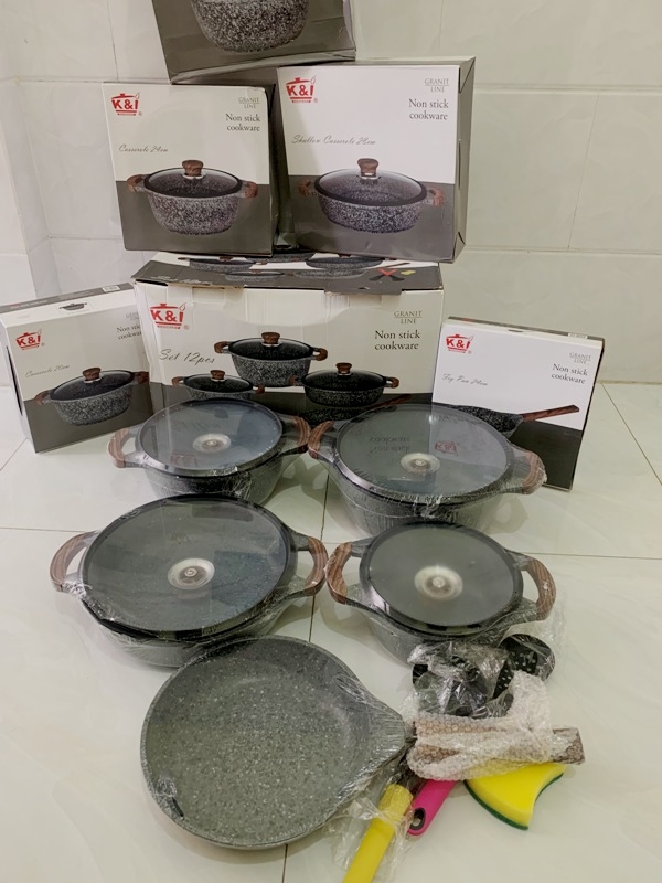 BỘ NỔI CHẢO ĐỨC  K&I 12 MÓN  NHÔM ĐÚC PHỦ  ĐÁ GRANIT CHỐNG DÍNH SIÊU BỀN, TAY CẦM BẰNG GỖ CÁCH NHIỆT