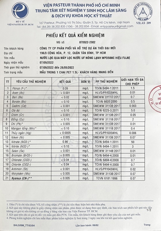 Kết quả thử nghiệm nước từ viện Pasteur