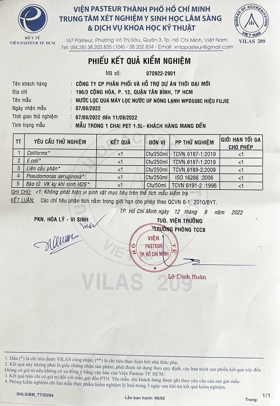 Kết quả thử nghiệm nước từ viện Pasteur