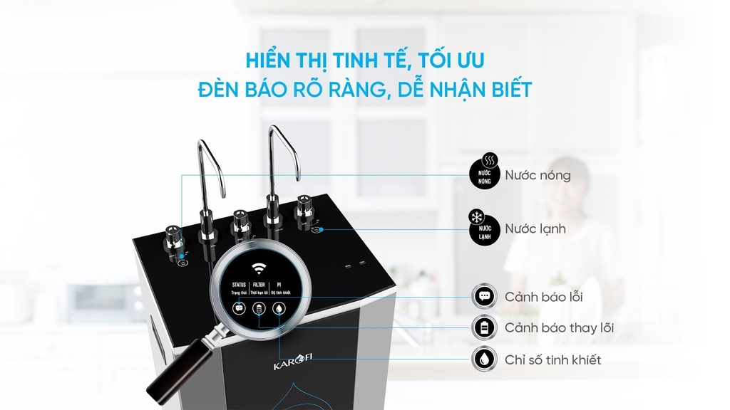 Máy lọc nước nóng lạnh Karofi KAD-D50 tích hợp bảng điều khiển, hiển thị đẩy đủ thông tin chất lượng nước