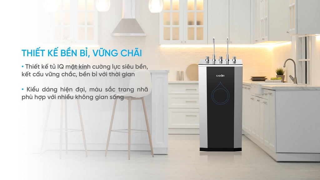 Máy lọc nước nóng lạnh Karofi KAD-D50 sở hữu sở hữu thiết kế tủ IQ mặt kính siêu cường lực
