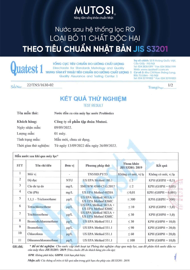 Máy lọc nước Mutosi Pro đạt tiêu chuẩn JIS 3202 & JWPA Nhật Bản