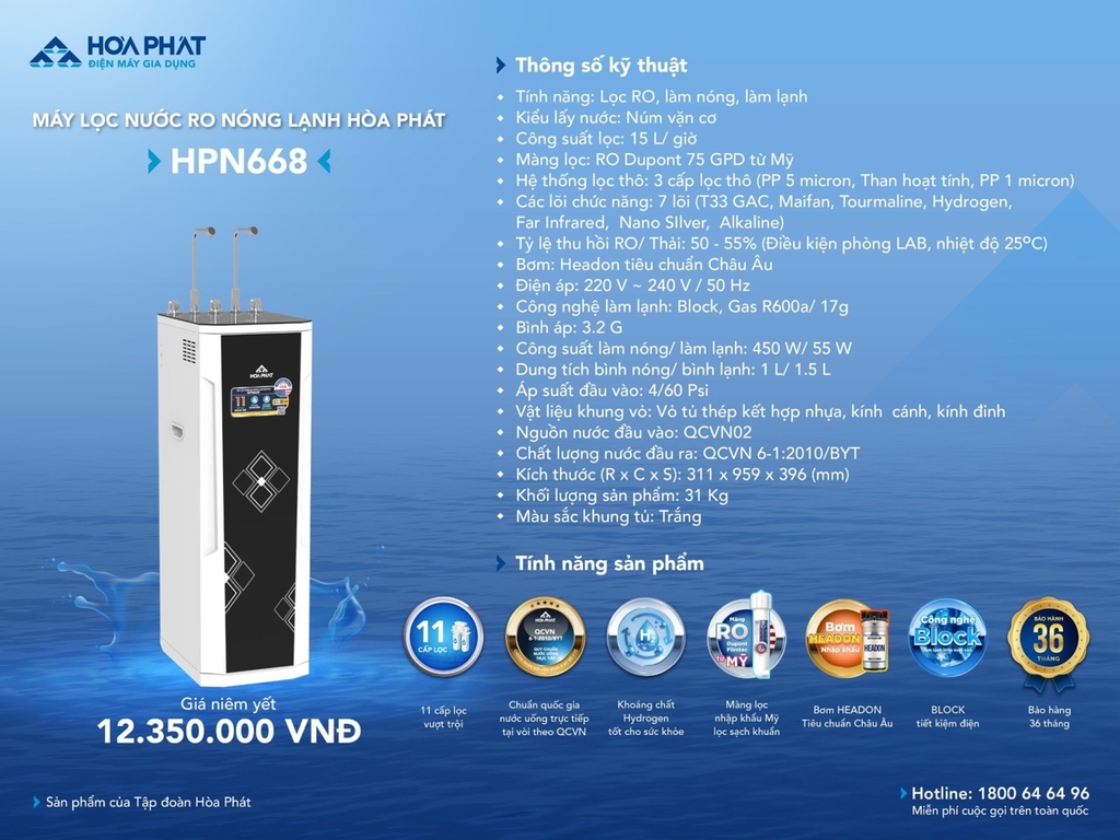 Tính năng nổi bật của máy lọc nước RO nóng lạnh Hòa Phát HPN668