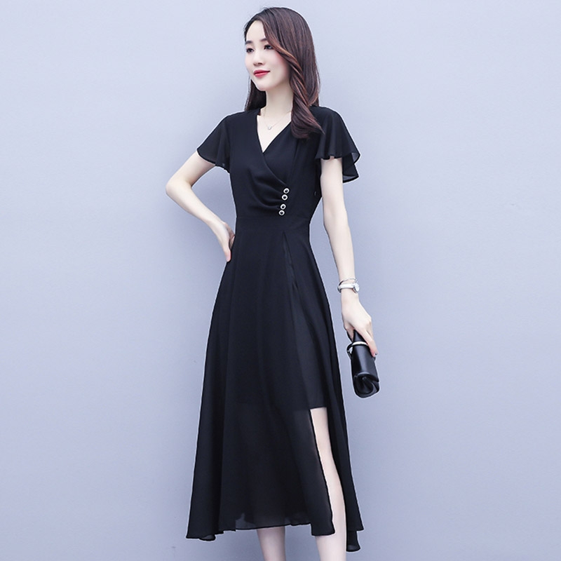 Đầm đen xòe vải Boy tay phối voan cột nơ - ANN.COM.VN