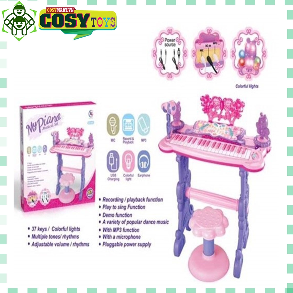 Đàn piano cỡ lớn có chân và ghế ngồi, có sạc, nhạc và ghi âm cho bé