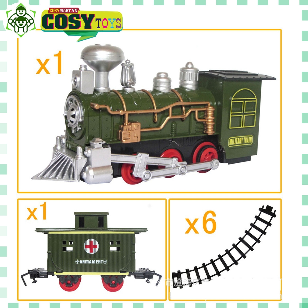 Đồ chơi đường ray xe lửa quân đội kèm toa hàng với đường ray dài cho bé