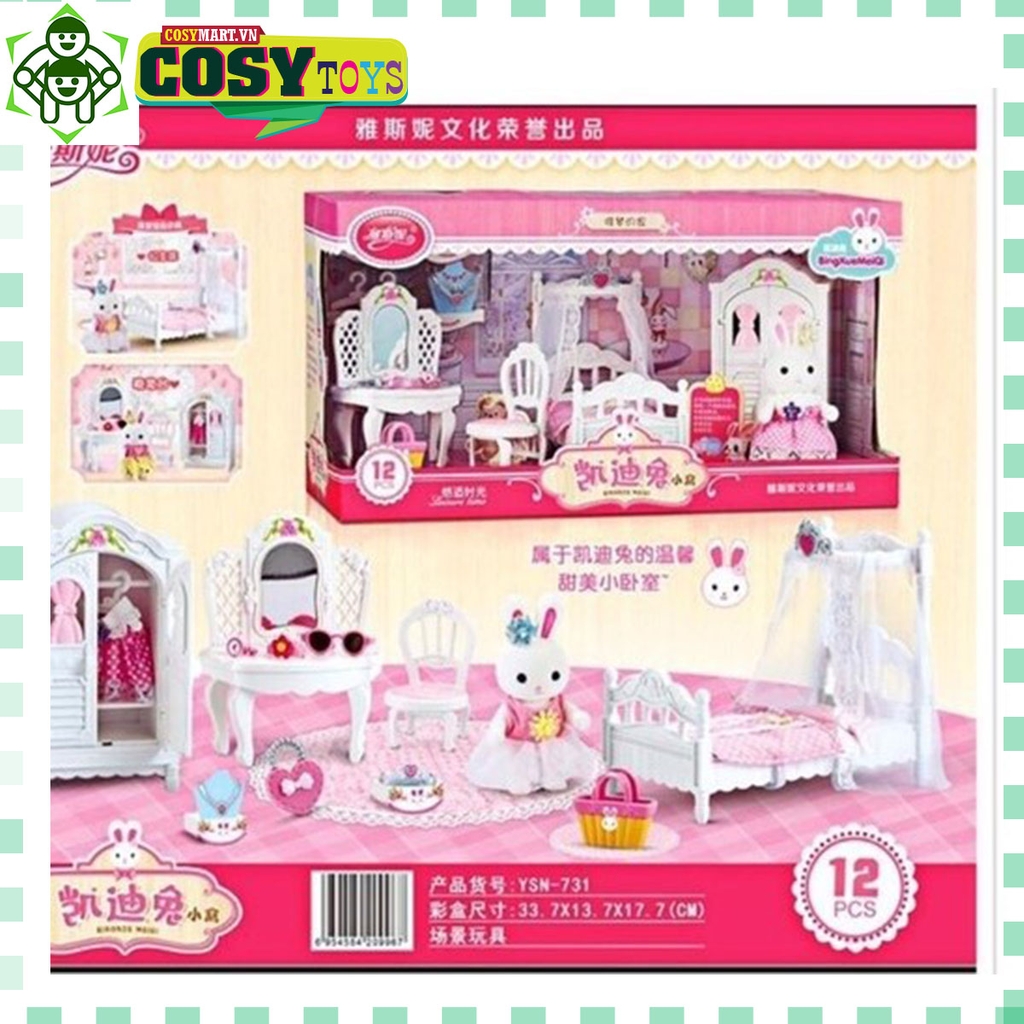 Đồ chơi búp bê mô hình phòng ngủ kèm phụ kiện búp bê thỏ