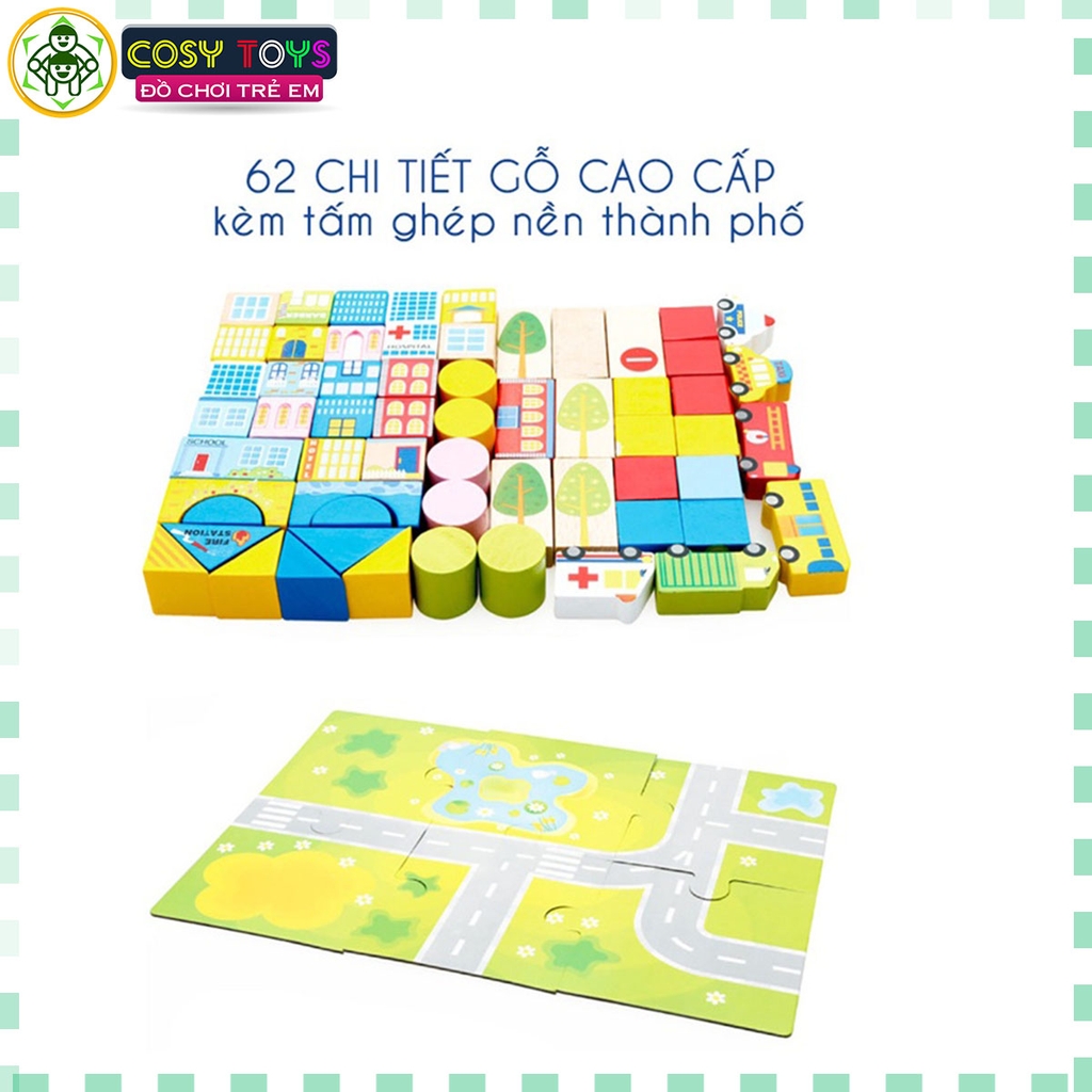 Bộ xếp hình thông minh bằng gỗ đa năng nhiều mẫu ghép và hình khối với 62 chi tiết cho bé