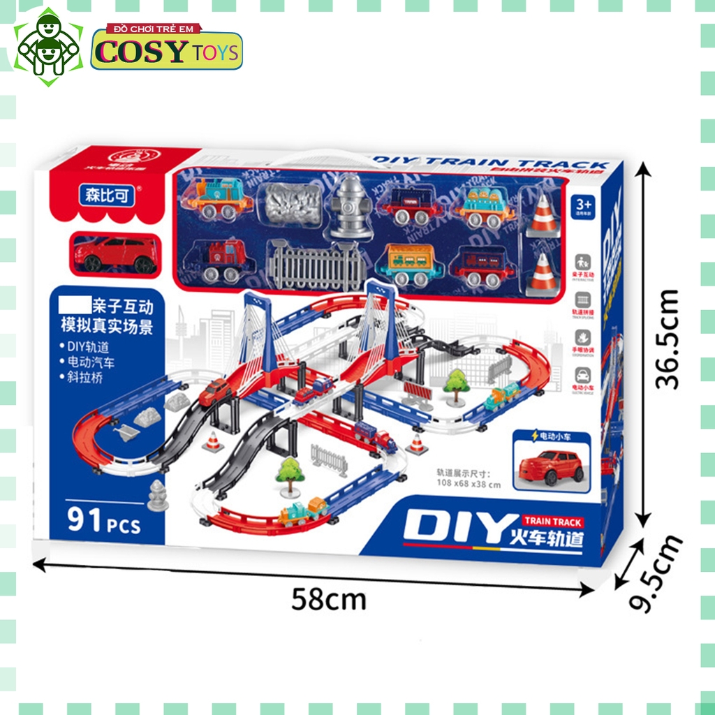 Đồ chơi lắp ráp mô hình đường tàu xe lửa chạy pin với đường ray lớn và nhiều toa tàu cho bé