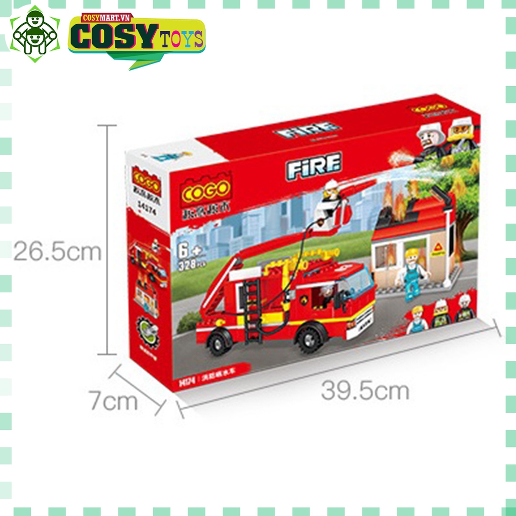 Đồ chơi lắp ghép xếp hình xe cứu hỏa cảnh sát có vòi rồng với 328 mảnh ghép