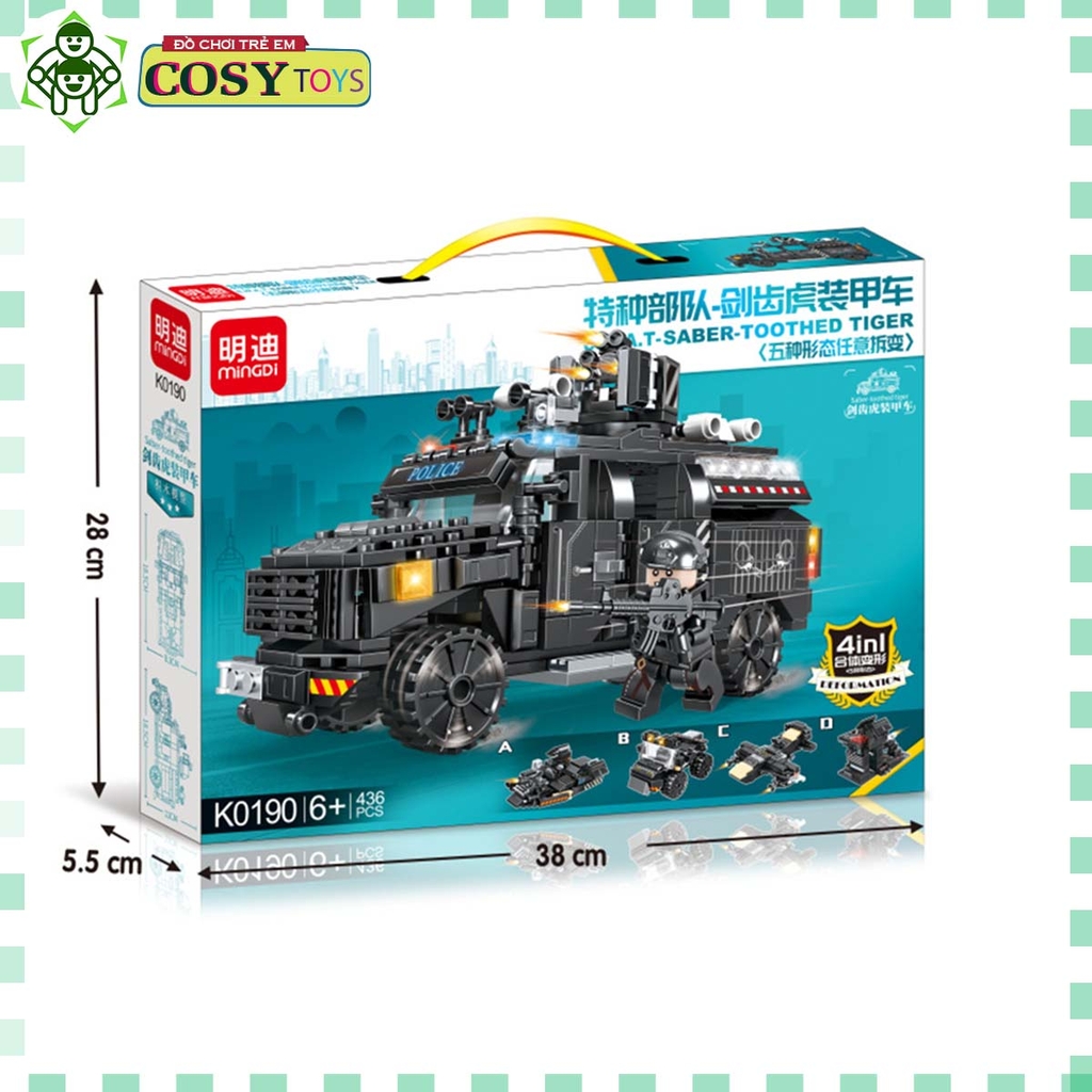 Đồ chơi xếp hình lắp ghép xe quân sự loại 4 trong 1 với 415 mảnh ghép cho bé