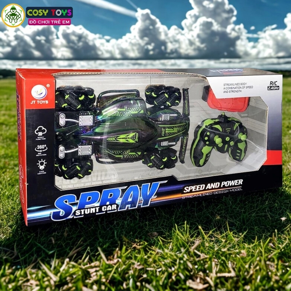 Đồ chơi xe thể thao bánh xoắn stunt spray điều khiển từ xa có phun khói và điều khiển cử chỉ tay cho bé