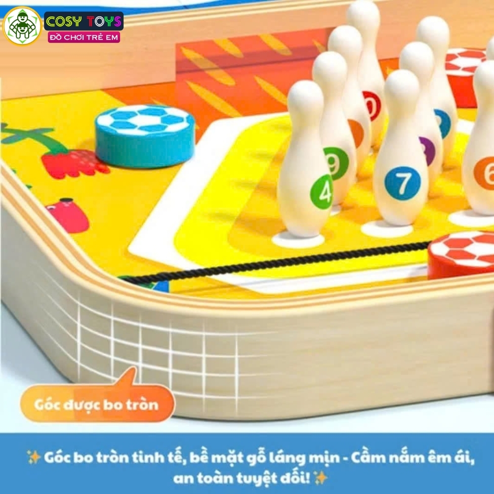 Bộ bàn cờ 5 trong 1 bằng gỗ gồm bàn bóng búng dây su, boling, banh ném và 4 quân cờ người cho bé