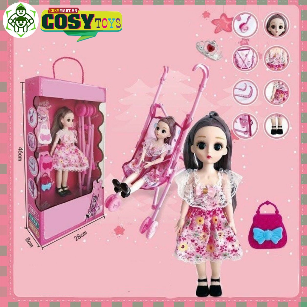 Đồ chơi búp bê kèm xe đẩy em bé màu hồng