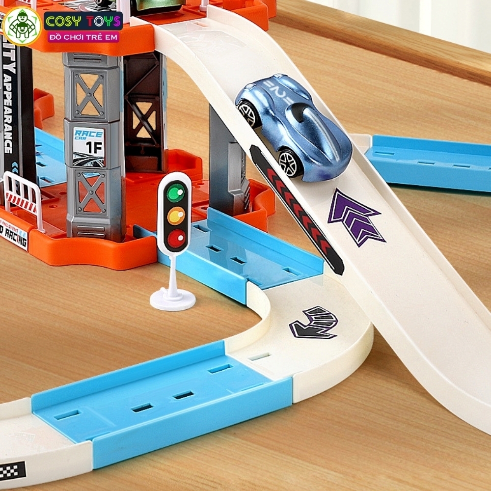 Đồ chơi gara ô tô gồm trạm đỗ xăng, ngã ba chuyển xe với 3 tầng kèm 4 xe ô tô với 138 chi tiết cho bé