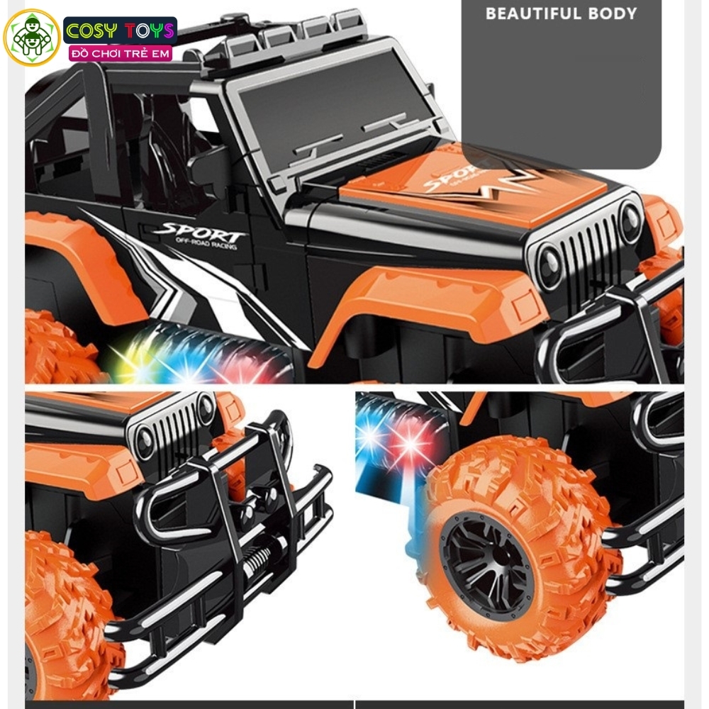 Đồ chơi xe thể thao địa hình có điều khiển 4 chiều màu cam có đèn đủ màu bên hông xe cho bé