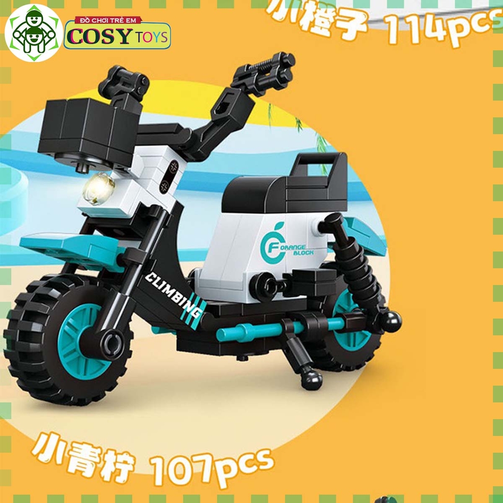 Đồ chơi lắp ghép xếp hình xe các loại: xe điện, xe scooter, xe máy từ 102 đến 130 chi tiết