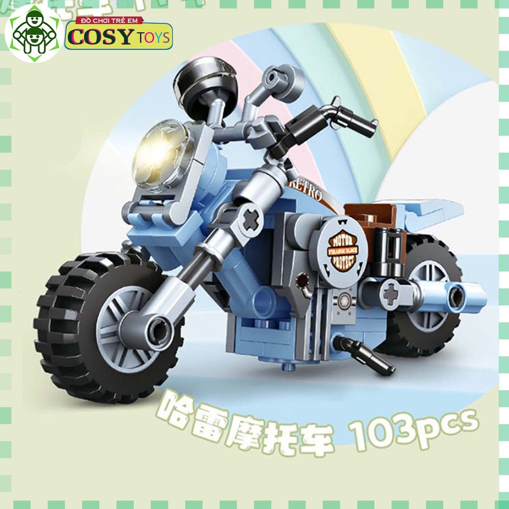 Đồ chơi lắp ghép xếp hình xe các loại: xe điện, xe scooter, xe máy từ 102 đến 130 chi tiết