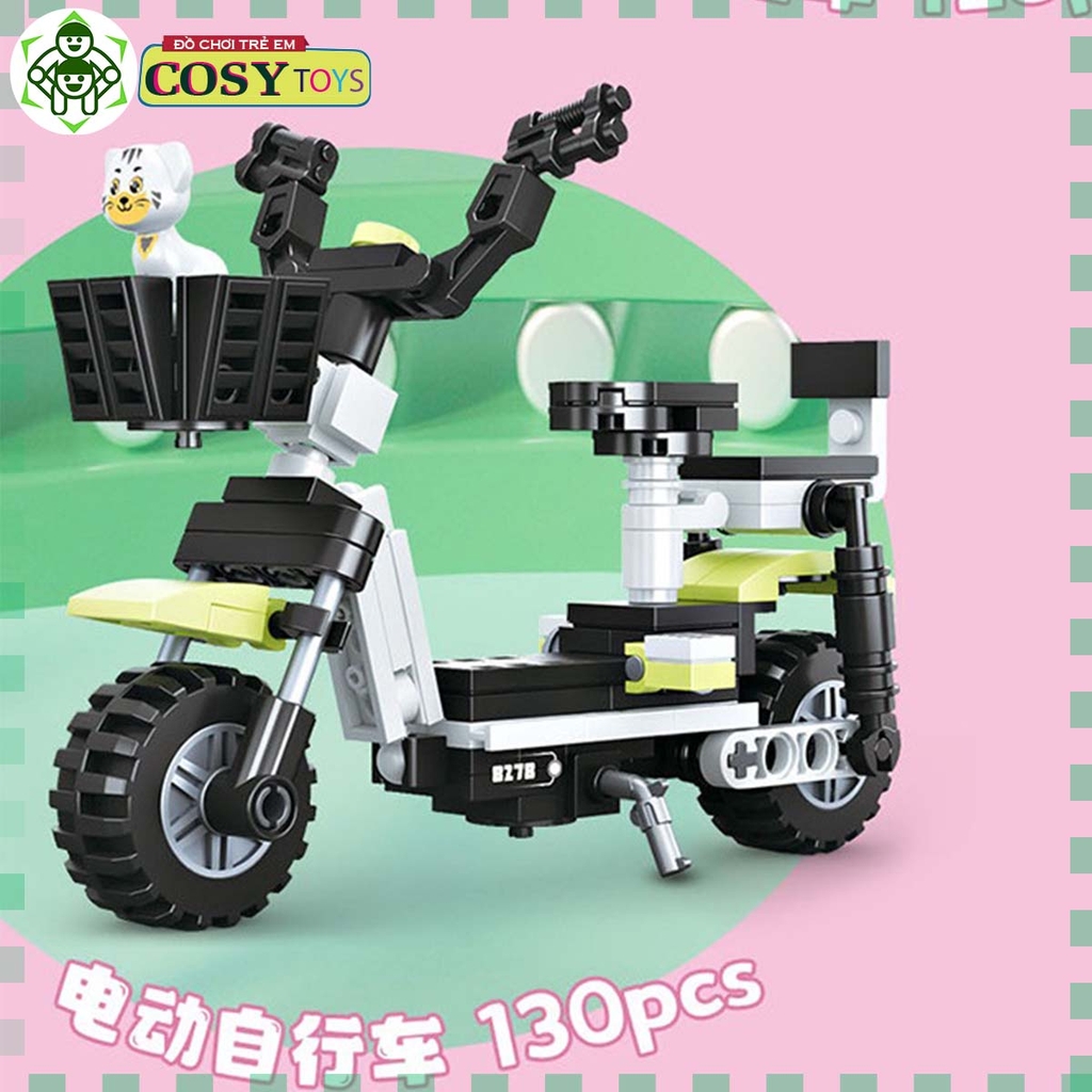 Đồ chơi lắp ghép xếp hình xe các loại: xe điện, xe scooter, xe máy từ 102 đến 130 chi tiết