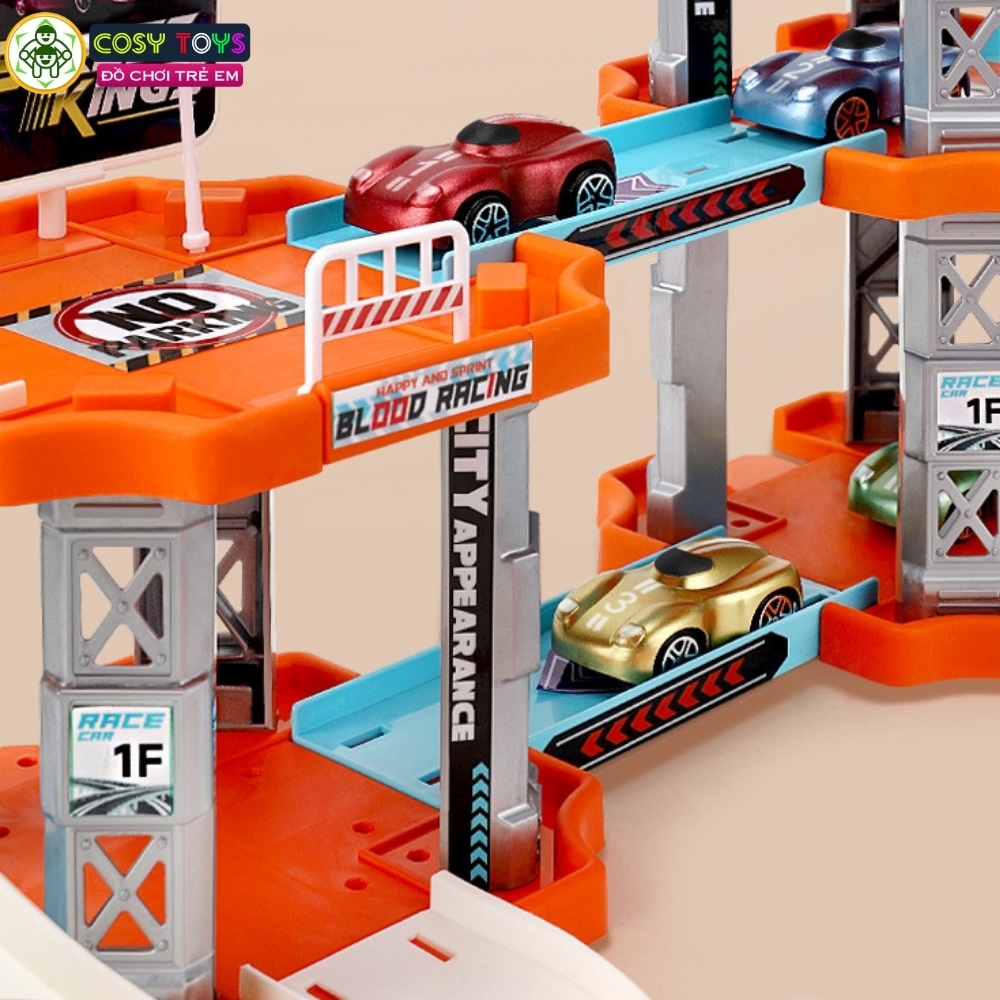Đồ chơi gara ô tô gồm trạm đỗ xăng, ngã ba chuyển xe với 3 tầng kèm 4 xe ô tô với 138 chi tiết cho bé
