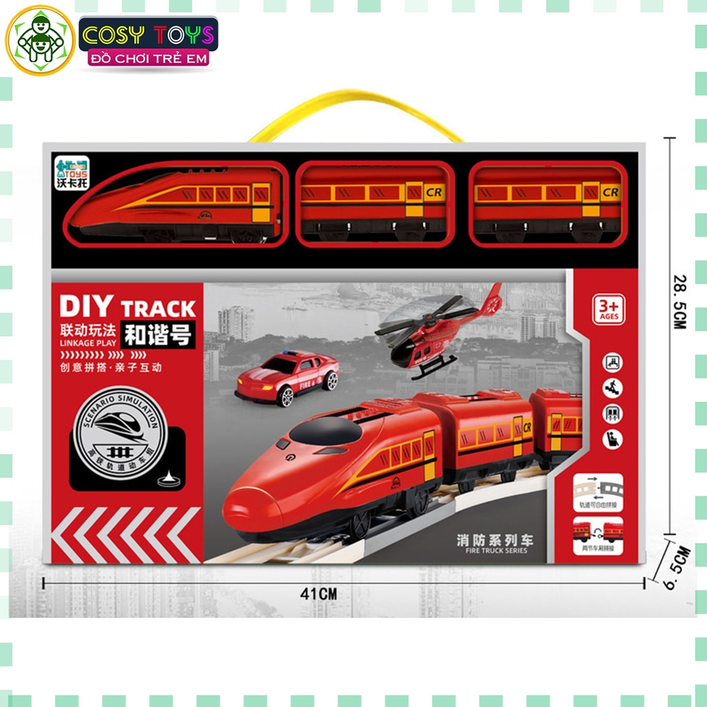Đồ chơi đường ray xe lửa cứu hỏa màu đỏ với đường ray lắp ráp cho bé