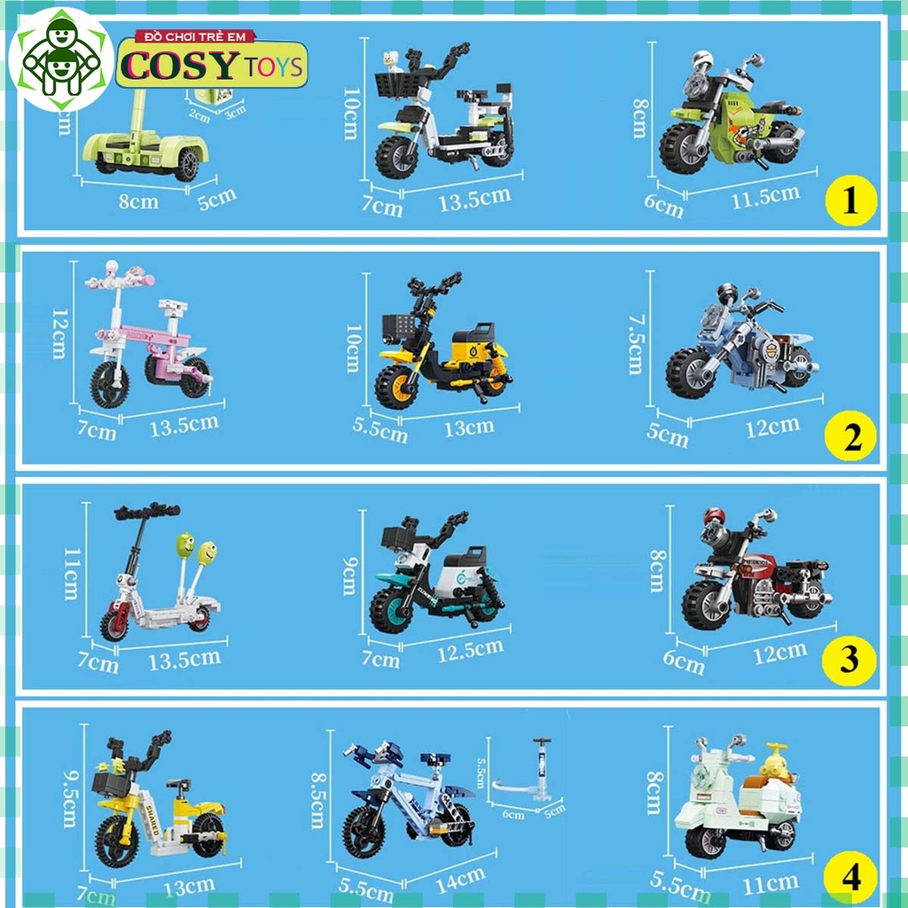 Đồ chơi lắp ghép xếp hình xe các loại: xe điện, xe scooter, xe máy từ 102 đến 130 chi tiết