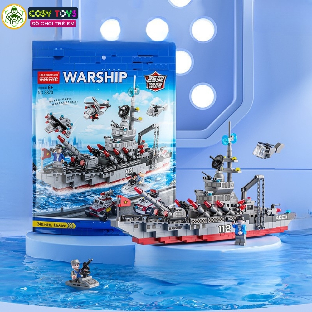 Đồ chơi lắp ghép xếp hình tàu chiến 24 trong 1 (dạng túi) kèm nhiều mẫu trực thăng, tàu nhỏ và các nhân vật thủy thủ với 554 mảnh ghép
