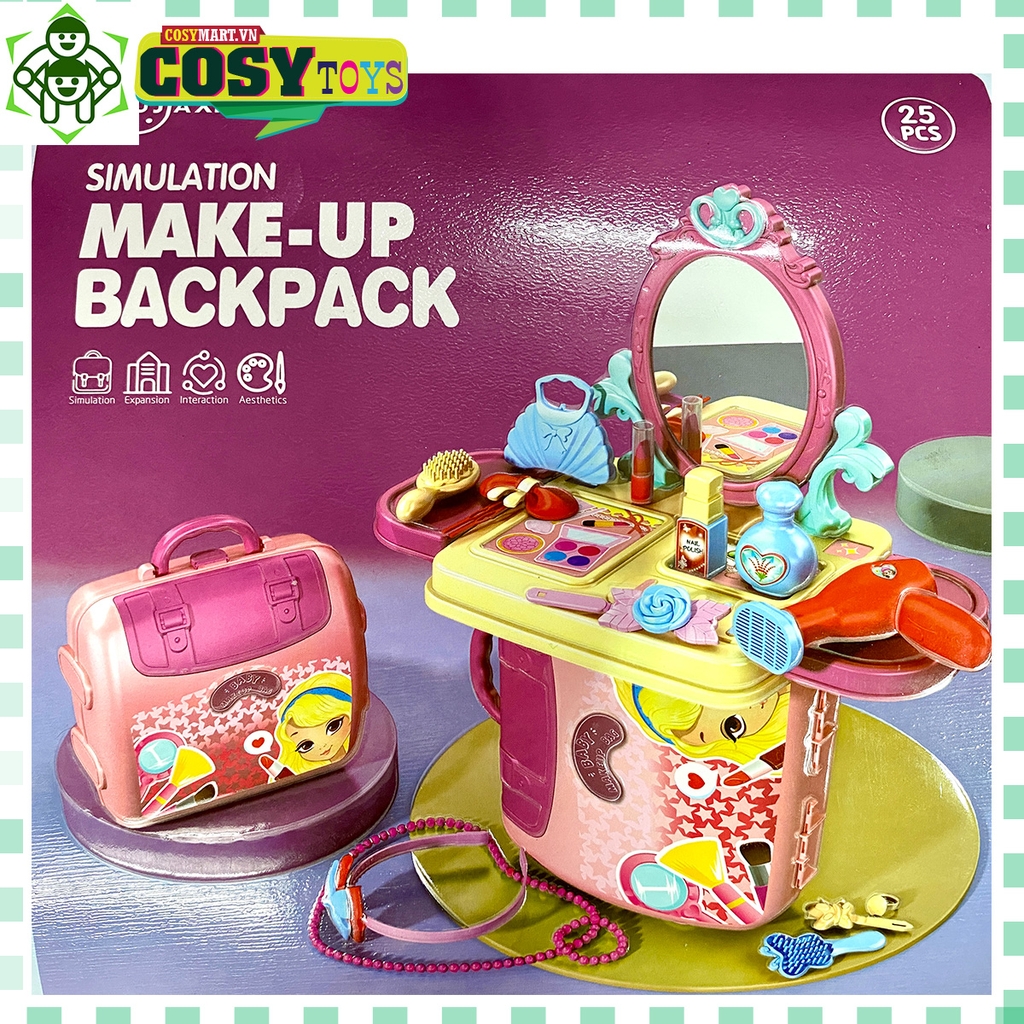 Hộp trang điểm hồng gồm các dụng cụ trang điểm cho bé gái