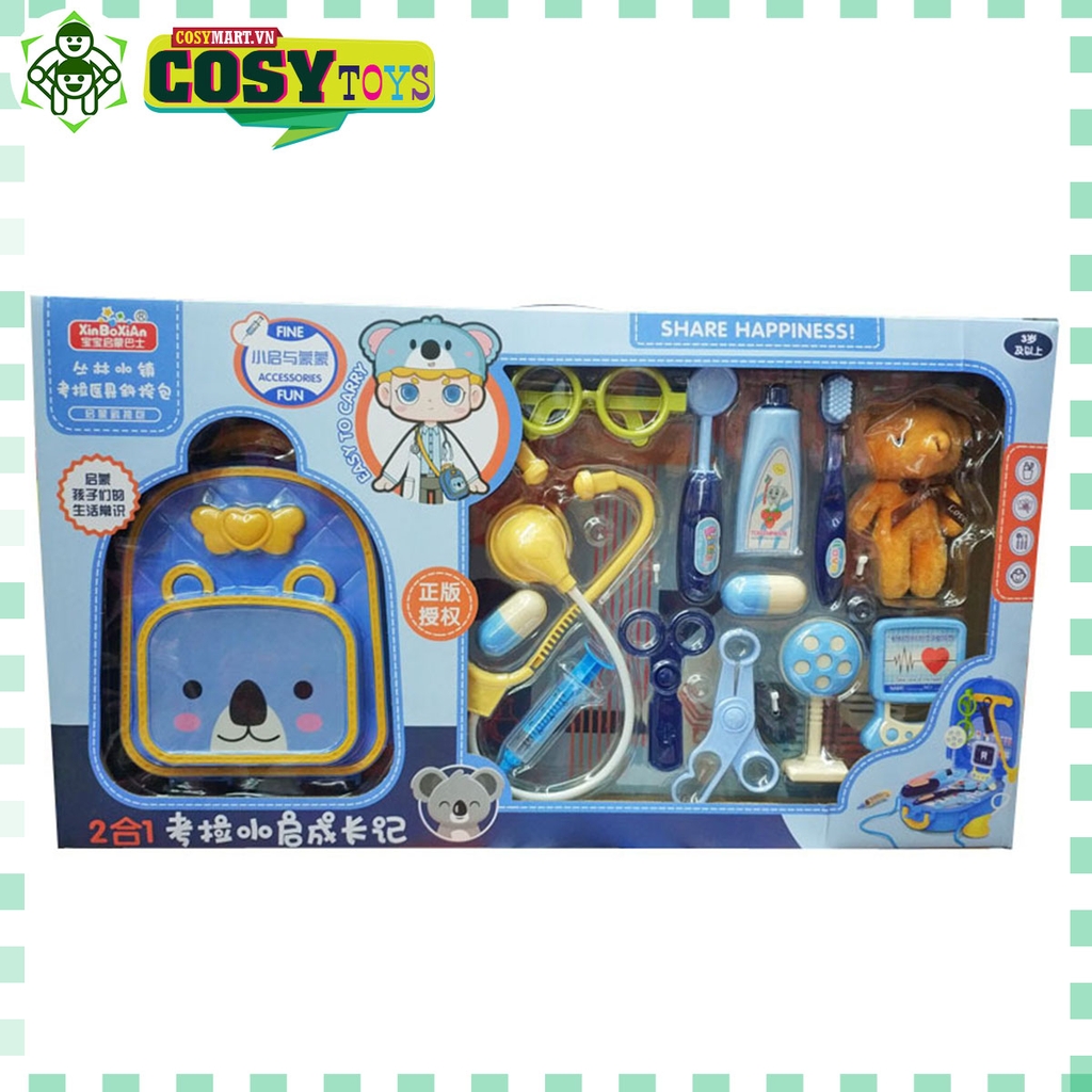 Đồ chơi balo gấu xanh 2 trong 1 kèm các dụng cụ bác sỹ khám bệnh cho bé khi chơi