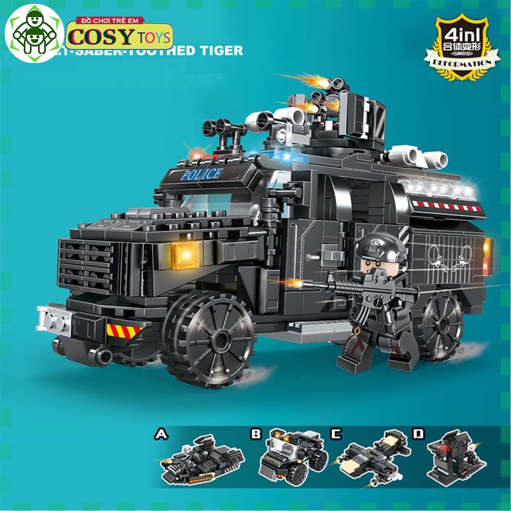 Đồ chơi xếp hình lắp ghép xe quân sự loại 4 trong 1 với 415 mảnh ghép cho bé