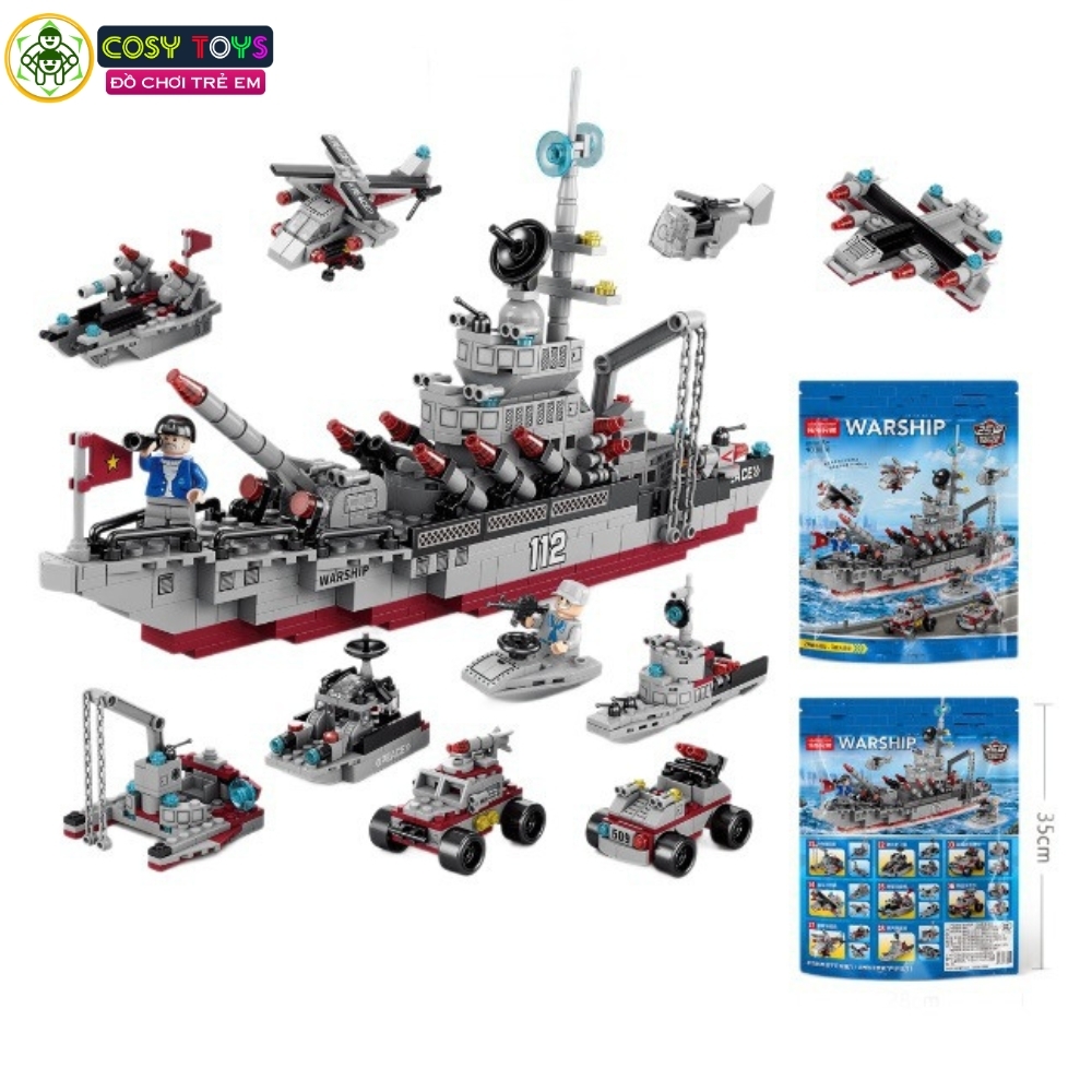 Đồ chơi lắp ghép xếp hình tàu chiến 24 trong 1 (dạng túi) kèm nhiều mẫu trực thăng, tàu nhỏ và các nhân vật thủy thủ với 554 mảnh ghép
