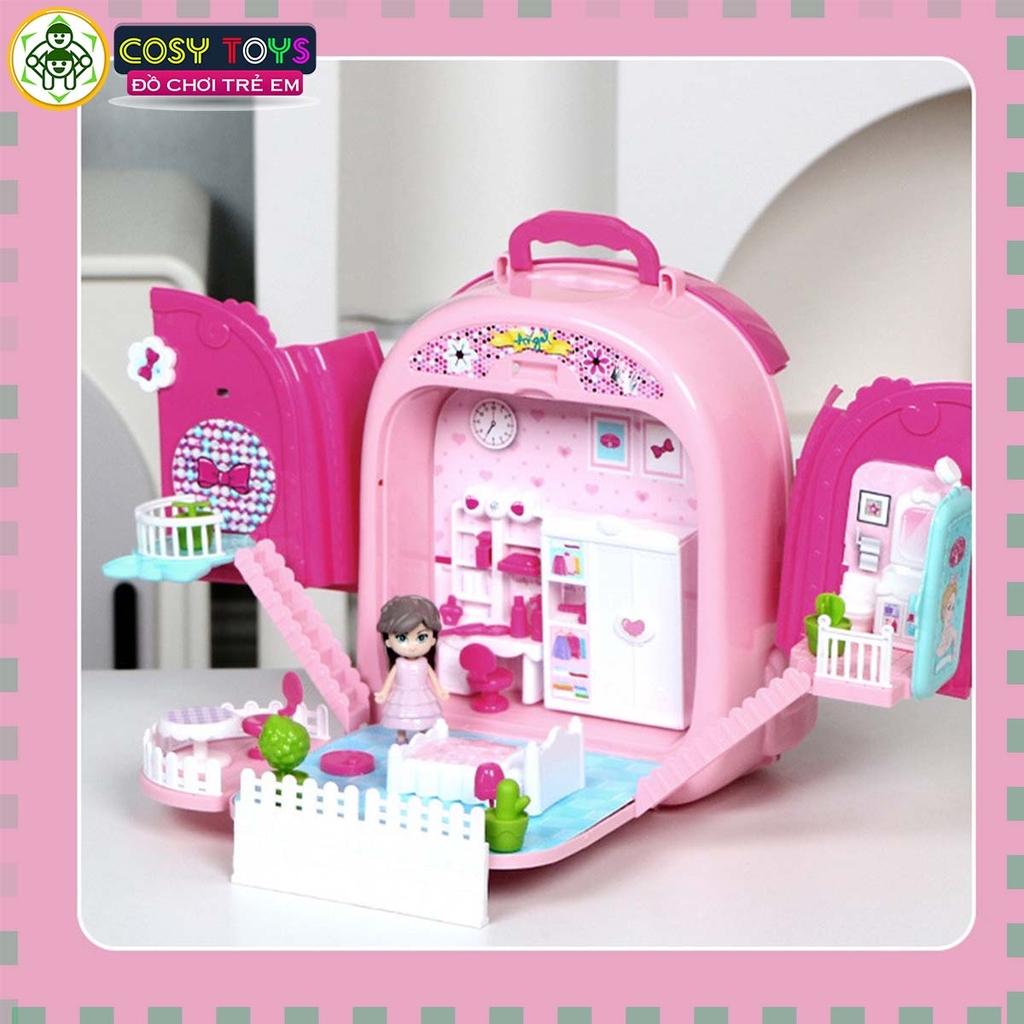 Đồ chơi vali trang điểm 3 trong 1 vừa làm phòng trang điểm-căn phòng búp bê và vali đeo cho bé